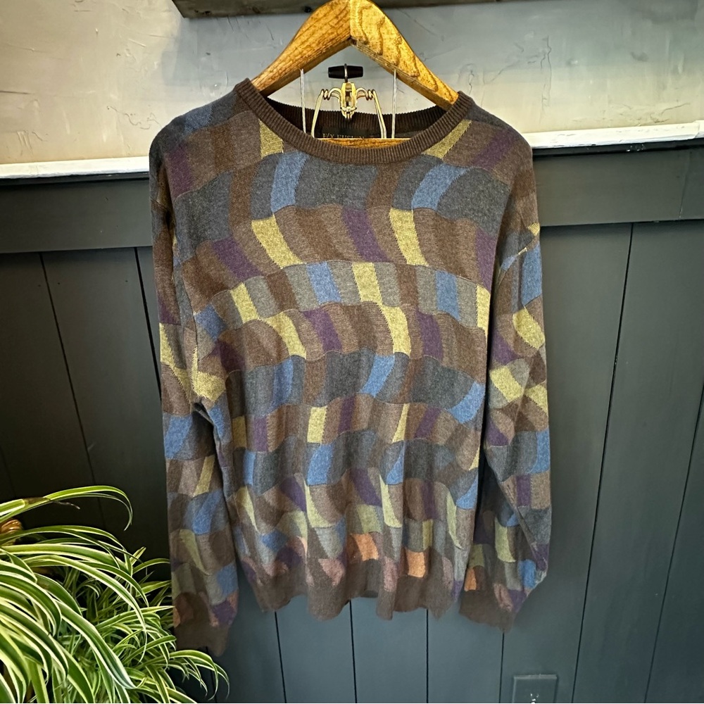 FX Fusion Mens Size XL Multicolor Tan Sweater Round Neck Long Sleeve Bold